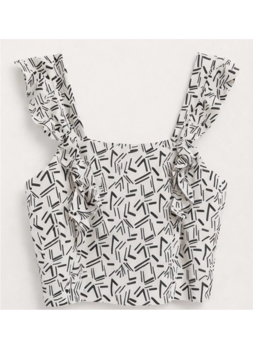 White & Black Patterned Ruffled Strap Crop Top